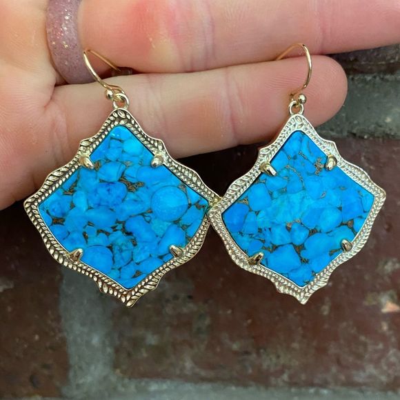 Kendra Scott Kirsten Gold Dangle Earrings in Gold Bronze Veined Turquoise - Picture 5 of 6